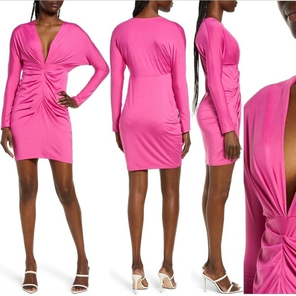 Area Stars Pink Ruched Long Sleeve Dress Size L - Picture 2 of 10